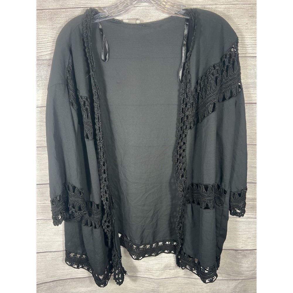 Knox Rose Women's Medium Black Crochet Trim Kimono‎ Cardigan Boho